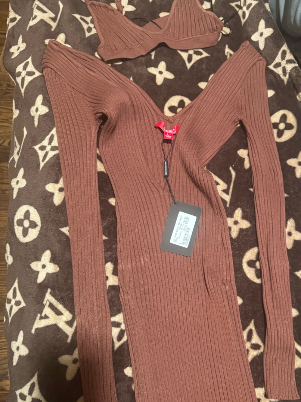 Hera Collection Ribbed V-Neck Bodycon Dress with Matching Bralette - Brown